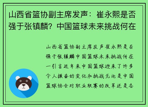 山西省篮协副主席发声：崔永熙是否强于张镇麟？中国篮球未来挑战何在