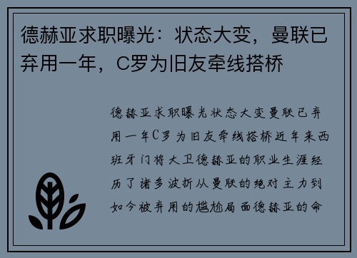 德赫亚求职曝光：状态大变，曼联已弃用一年，C罗为旧友牵线搭桥
