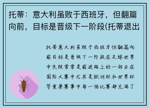 托蒂：意大利虽败于西班牙，但翻篇向前，目标是晋级下一阶段(托蒂退出意大利国家队)