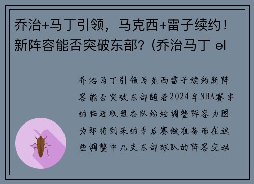 乔治+马丁引领，马克西+雷子续约！新阵容能否突破东部？(乔治马丁 elden ring)
