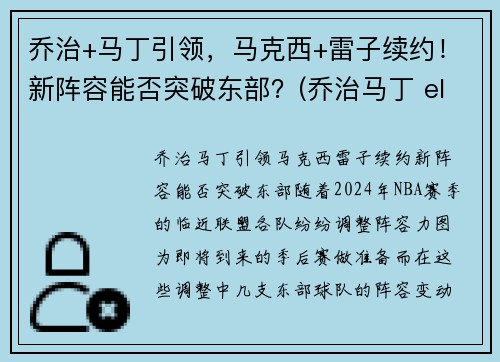 乔治+马丁引领，马克西+雷子续约！新阵容能否突破东部？(乔治马丁 elden ring)