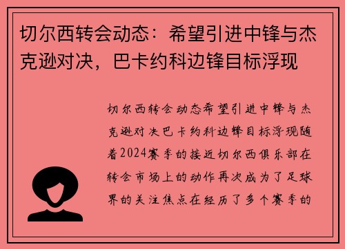 切尔西转会动态：希望引进中锋与杰克逊对决，巴卡约科边锋目标浮现