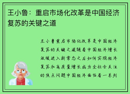王小鲁：重启市场化改革是中国经济复苏的关键之道