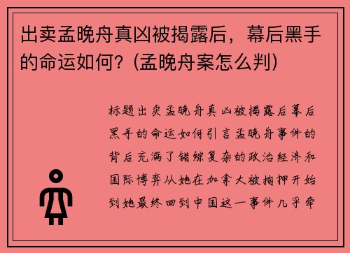 出卖孟晚舟真凶被揭露后，幕后黑手的命运如何？(孟晚舟案怎么判)