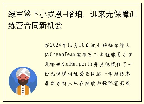 绿军签下小罗恩-哈珀，迎来无保障训练营合同新机会