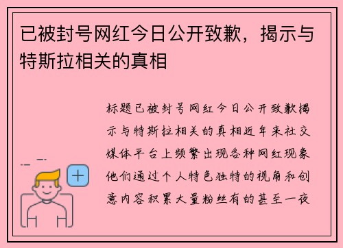 已被封号网红今日公开致歉，揭示与特斯拉相关的真相