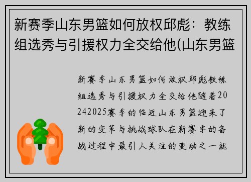 新赛季山东男篮如何放权邱彪：教练组选秀与引援权力全交给他(山东男篮代理主教练)